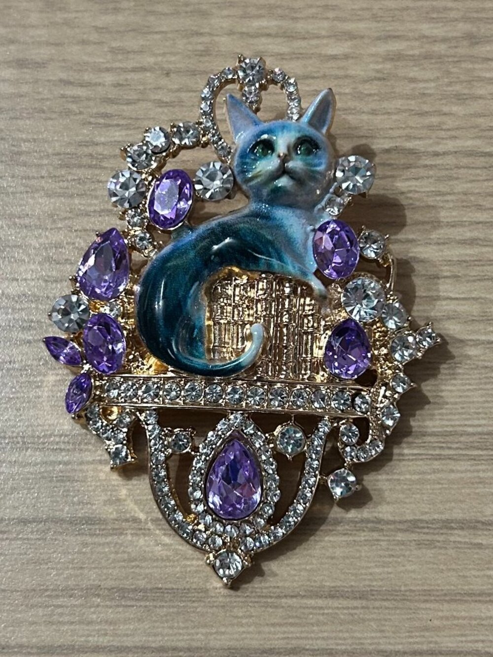Ornate Blue Enamel Cat Brooch Pin Purple Rhinestones Gold Tone Vintage Style
